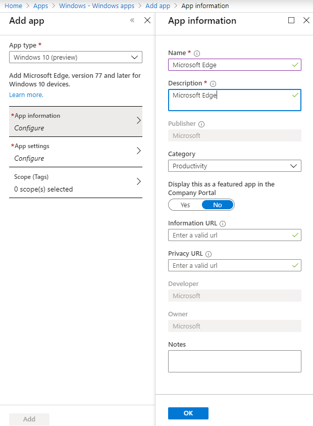 Configuring Edge app information